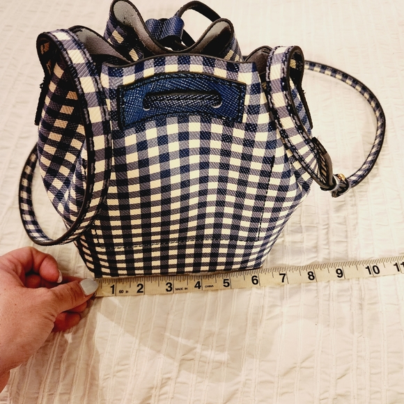 J Crew gingham blue bucket 100% leather shoulder crossbody bag - Picture 12 of 14